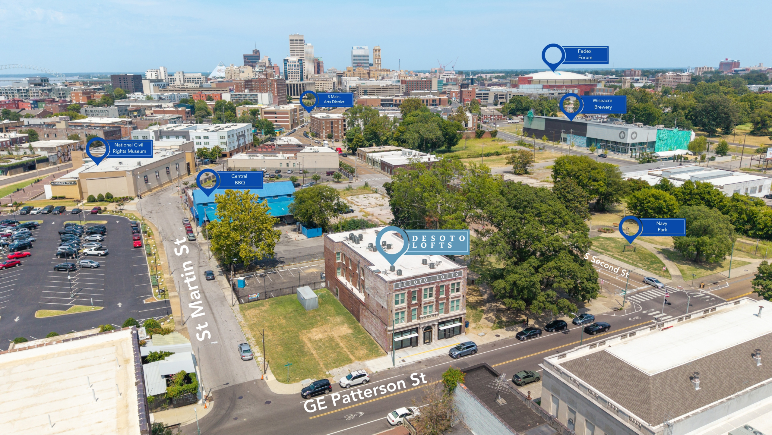 Drone image of Downtown Memphis apartments at Desoto Lofts