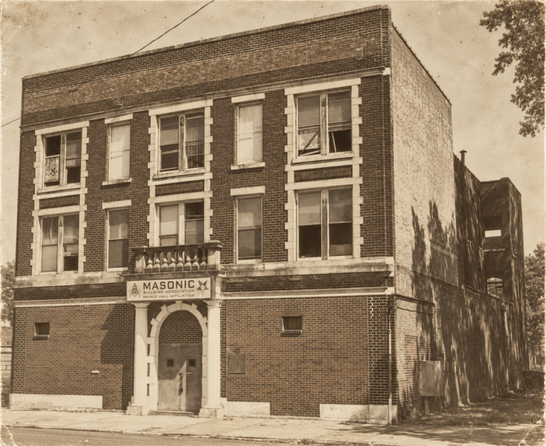 Sepia photo of the Masonic Lodge on G.E. Patterson